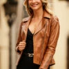 Tan Leather Biker Jacket -SOSANDAR Sales web 42 sa17or01bn 063