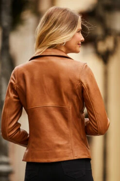 Tan Leather Biker Jacket -SOSANDAR Sales web 42 sa17or01bn 088