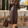 Chocolate Brown Leather Popper Front Shirt Dress -SOSANDAR Sales web 44 s23dl002pt0004 073