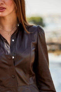 Chocolate Brown Leather Popper Front Shirt Dress -SOSANDAR Sales web 44 s23dl002pt0004 170