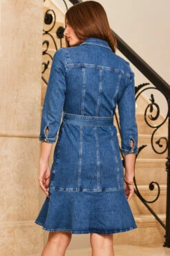 Indigo Blue Fluted Hem Belted Denim Dress 10 Indigo Blue Fluted Hem Belted Denim Dress -SOSANDAR Sales web 47 s23dd010be0010 101