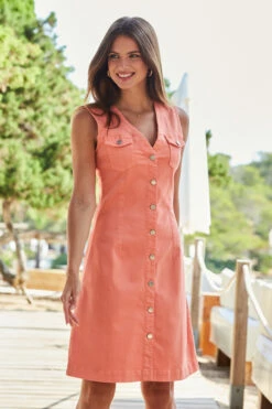 Coral Button Front Sleeveless Denim Dress -SOSANDAR Sales web 57 s20dd050rd0016 054