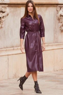 Burgundy Shirred Waist Popper Front Shirt Dress -SOSANDAR Sales web 58 s23dp009rd0004 061