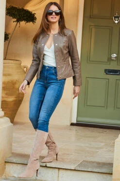 Taupe Quilted Round Neck Leather Jacket With Gold Buttons -SOSANDAR Sales web 59 s23ol001bn0003 033