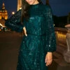 Emerald Green Sequin High Neck Belted Shift Dress 1 Emerald Green Sequin High Neck Belted Shift Dress -SOSANDAR Sales web 5 a20dw011be 002 2 green rt