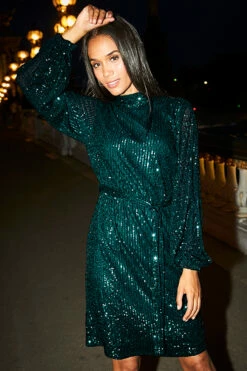 Emerald Green Sequin High Neck Belted Shift Dress 8 Emerald Green Sequin High Neck Belted Shift Dress -SOSANDAR Sales web 5 a20dw011be 035 2 green rt