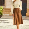 Tan Leather A-Line Skirt With Pockets -SOSANDAR Sales web 63 a20tk008nl0001 s22tj205bk0001 255 1