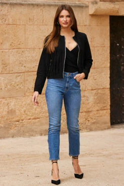 Black Suede Fringed Jacket -SOSANDAR Sales web 63 s23op002bk0001 030 rt