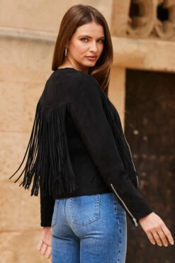 Black Suede Fringed Jacket -SOSANDAR Sales web 63 s23op002bk0001 216