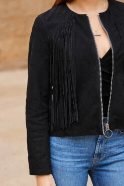 Black Suede Fringed Jacket -SOSANDAR Sales web 63 s23op002bk0001 253 rt