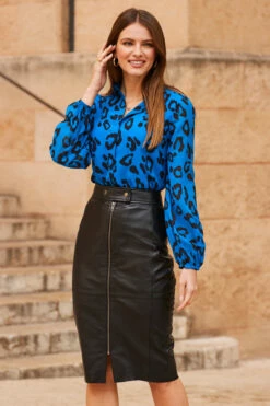 Black Zip Front Leather Pencil Skirt