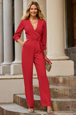 Red Tailored Wrap Front Tie Waist Jumpsuit -SOSANDAR Sales web 68 a22jw006rd0001 040 rc