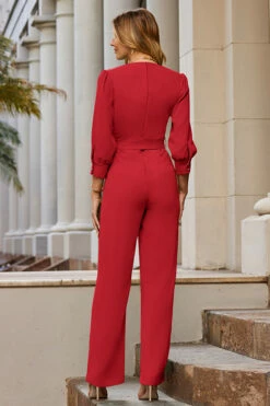Red Tailored Wrap Front Tie Waist Jumpsuit -SOSANDAR Sales web 68 a22jw006rd0001 132 rc