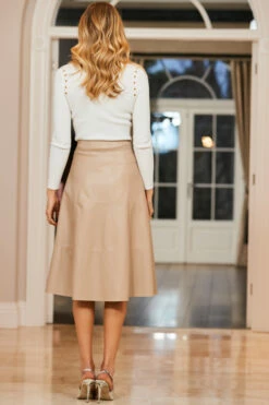 Ecru Leather Look Panelled A-Line Midi Skirt 12 Ecru Leather Look Panelled A-Line Midi Skirt -SOSANDAR Sales web 74 0061