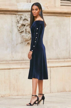 Midnight Blue Velvet Embellished Sleeve Bardot Dress -SOSANDAR Sales web 77 a21dv019 013