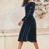 Midnight Blue Velvet Embellished Sleeve Bardot Dress -SOSANDAR Sales web 77 a21dv019 023