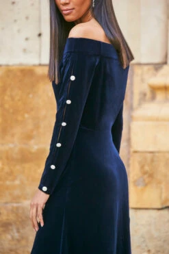 Midnight Blue Velvet Embellished Sleeve Bardot Dress -SOSANDAR Sales web 77 a21dv019 088