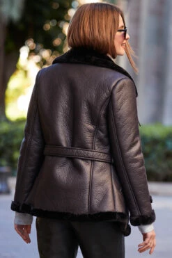 Black Faux Shearling Belted Biker Jacket -SOSANDAR Sales web 77 a22op004bk0001 s23tk603be0027 471