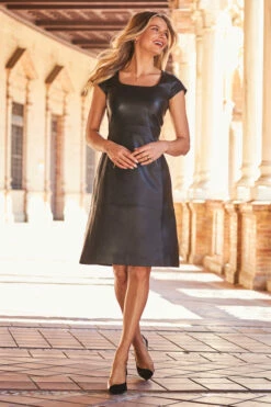 Black Square Neck Cap Sleeve Leather Dress