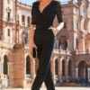 Black Organza Spot Sleeve Wrap Front Jumpsuit