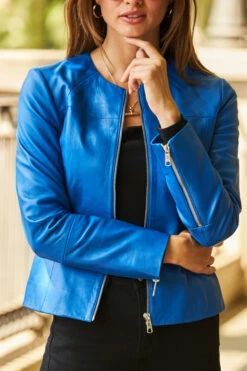 Cobalt Blue Zip Front Round Neck Leather Jacket -SOSANDAR Sales web 85 s21ol004be0001 a22bd023bk0001 169