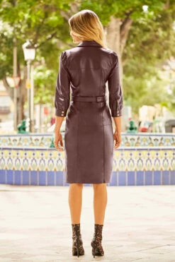 Burgundy Gold Popper Front Belted Leather Dress -SOSANDAR Sales web 85 s22dl055bk 154 burgundy rt