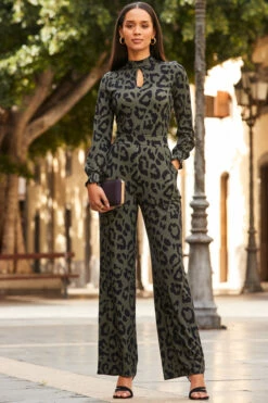 Khaki Green Animal Print Keyhole Detail Wide Leg Jumpsuit