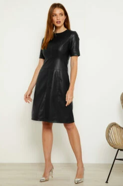 Black Leather Look Panelled Shift Dress -SOSANDAR Sales web a19dp006bk 2