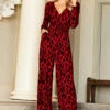 Red Animal Print Wrap Front Wide Leg Jumpsuit With Pockets -SOSANDAR Sales web a20jj004 1105 rt