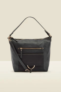 Black Large Hoop Clasp Shoulder Bag With Pocket Detail
