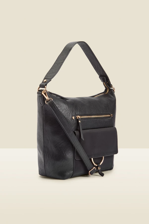 Black Large Hoop Clasp Shoulder Bag With Pocket Detail 4 Black Large Hoop Clasp Shoulder Bag With Pocket Detail - Image 2