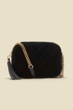 Black Soft Velvet Quilted Tassel Detail Cross Body Bag -SOSANDAR Sales web a22ac009bk a