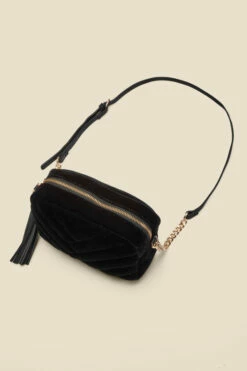 Black Soft Velvet Quilted Tassel Detail Cross Body Bag -SOSANDAR Sales web a22ac009bk c