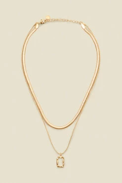 Gold Square Pendant Slinky Chain Layered Necklace