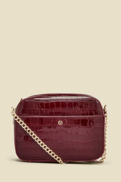 Wine Croc Faux Leather Chain Detail Cross Body Bag -SOSANDAR Sales web a23ac001rd0011 a
