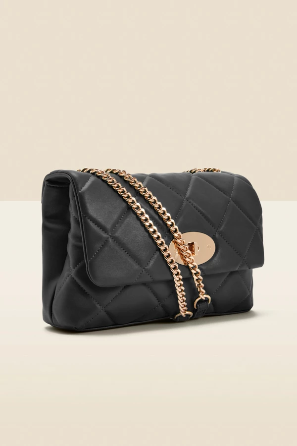 Black Faux Leather Quilted Clasp Detail Cross Body Bag 4 Black Faux Leather Quilted Clasp Detail Cross Body Bag - Image 2