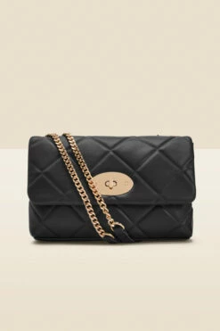 Black Faux Leather Quilted Clasp Detail Cross Body Bag