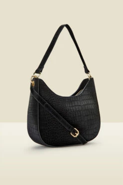 Black Croc Faux Leather Shoulder Bag