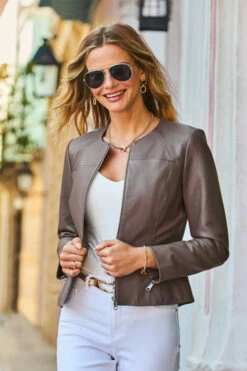 Taupe Zip Front Round Neck Leather Jacket