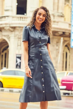 Navy Blue Faux Leather Short Sleeve Popper Front Shirt Dress 11 Navy Blue Faux Leather Short Sleeve Popper Front Shirt Dress -SOSANDAR Sales web cc 37 a21dp007be0003 232