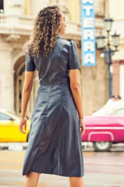 Navy Blue Faux Leather Short Sleeve Popper Front Shirt Dress 10 Navy Blue Faux Leather Short Sleeve Popper Front Shirt Dress -SOSANDAR Sales web cc 37 a21dp007be0003 346