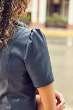 Navy Blue Faux Leather Short Sleeve Popper Front Shirt Dress 12 Navy Blue Faux Leather Short Sleeve Popper Front Shirt Dress -SOSANDAR Sales web cc 37 a21dp007be0003 353