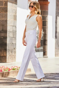 White Wide Leg Jeans With Gold Button Detail