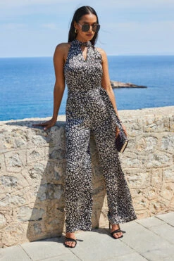 Natural Animal Print Satin High Neck Keyhole Detail Jumpsuit -SOSANDAR Sales web crop 2306 82 s23jw042bkan01 82 042