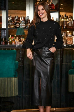 Black Faux Leather Long Line Pencil Skirt With Split -SOSANDAR Sales web crop 2309 109 a23tk263bk0001 109 060