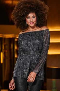 Pewter Metallic Plisse Bardot Belted Jersey Top 10 Pewter Metallic Plisse Bardot Belted Jersey Top -SOSANDAR Sales web crop 2309 55 a23tj027mc0012 a23bd013mc0011 55 066