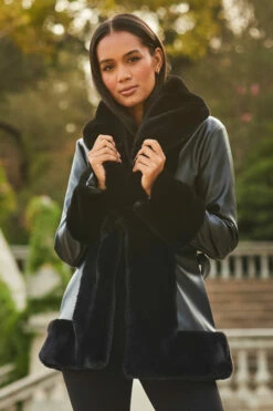 Black Faux Leather Coat With Faux Fur Trim