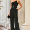 Black Asymmetric Chain Shoulder Belted Jumpsuit 2 Black Asymmetric Chain Shoulder Belted Jumpsuit -SOSANDAR Sales web crop 61 s23jw017bk0001 009 rt