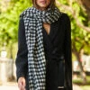 Black & White Dogtooth Print Tassel Detail Scarf -SOSANDAR Sales web extras scarves 136