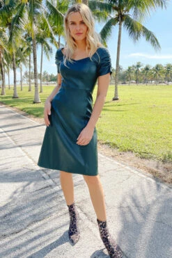 Emerald Green Leather Look Ruched Sleeve Detail Dress 12 Emerald Green Leather Look Ruched Sleeve Detail Dress -SOSANDAR Sales web hi img 2539